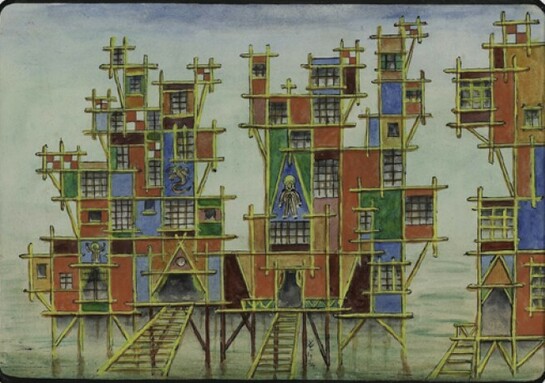 Xul Solar, Proyecto fachada para Elsetta (Facade Project for Elsetta), 1954
Watercolor on paper, Collection Pérez Art Museum Miami, partial and promised gift of Jorge M. Pérez © Fundación Pan Klub - Museo Xul Solar, Buenos Aires, Argentina / Derechos reservados Fundación Pan Klub-Museo Xul Solar