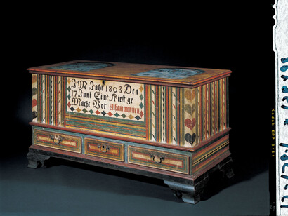 Chest over Drawers, Artist unidentified, Dauphin County, Pennsylvania, 1803, Paint on white pine and yellow pine, brass, and iron, 27 x 50 1/4 x 22". Photo courtesy of the Barbara L. Gordon Collection
