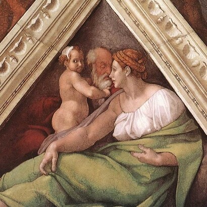 Michelangelo Buonarroti, vela sopra Ezechia, Manasse e Amon, "Antenati di Cristo", 1510 circa. Cappella Sistina, Città del Vaticano