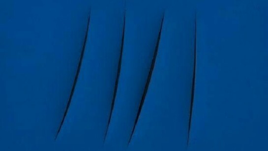 Lucio Fontana, Concetto Spaziale. Attese, 1962-63, Water paint on canvas (Blu), 33 x 46 cm.