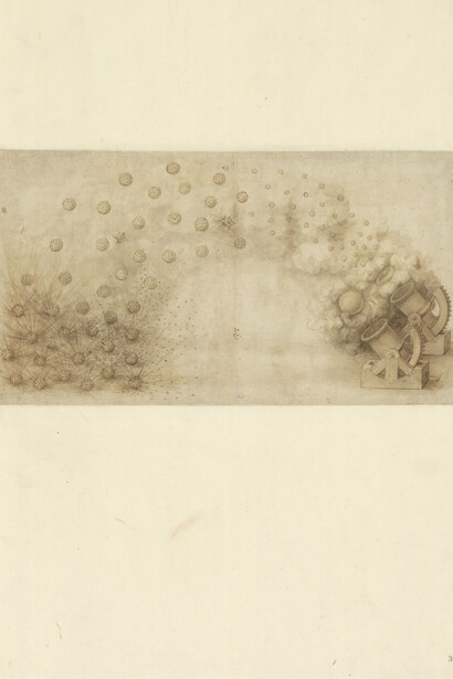Leonardo da Vinci (1452-1519), Codice Atlantico (Codex Atlanticus), foglio 33 recto. Studio di due mortai in grado di lanciare bombe esplosive. Copyright Veneranda Biblioteca Ambrosiana/Mondadori Portfolio