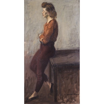 Raphael Soyer, Untitled (Pensive Girl), c. 1940, oil on canvas, 26 x 14 inches, Signed "Raphael Soyer" at lower right © Estate of Raphael Soyer, Courtesy of Forum Gallery, New York