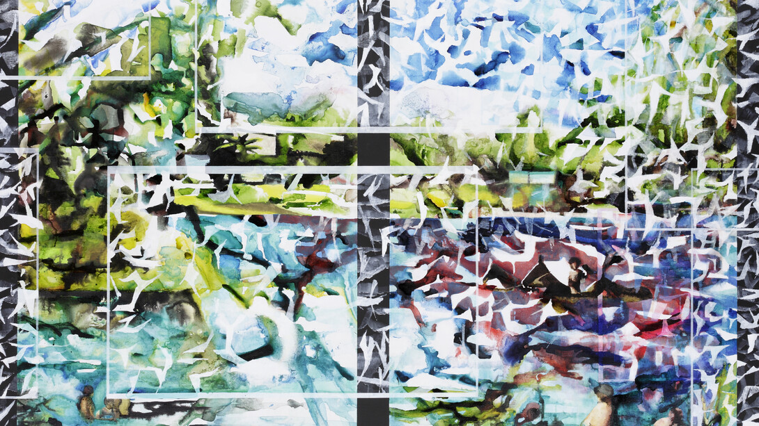 Au réveil, il était midi (3), 2018 Indian ink, acrylic and oil on canvas 139 x 199 cm
(54 23/32 x 78 11/32 in.) Photo credit : David Bordes
Courtesy of the artist and Galerie Nathalie Obadia, Paris/Brussels