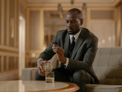 A man sits alone in his living room, drinking whiskey