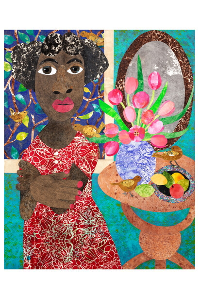 Evita Tezeno, Reflections on Times Past, 2023, acrylic, mixed media collage, and buttons on canvas, 60x48 inches. Courtesy of the artist and Luis De Jesus, LA