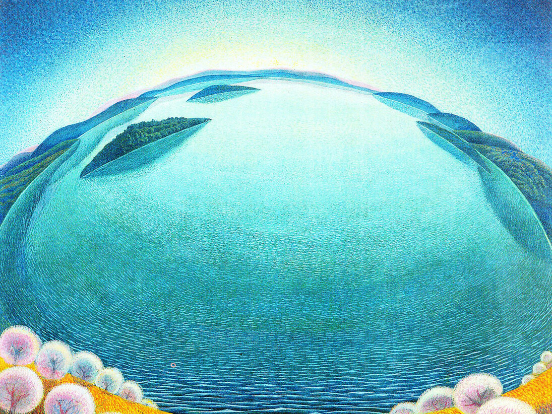 Gerardo Dottori, Lake-Dawn, (1942), Tempera on faesite, 101 x 122 cm, Collezione Fondazione Cassa di Risparmio di Perugia