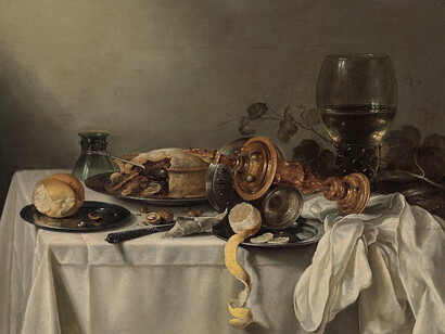 Pieter Claesz, Stillleben mit Früchtepastete, Silbertazza, vergoldetem Deckelpokal und „Römer“ (Weinglas) (detail), 1637. Courtesy of Alte Galerie
