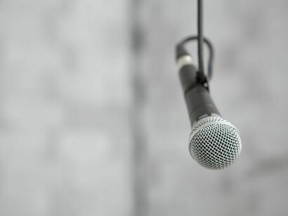 Gilberto Zorio, Microphones, 1968, Microphones, amplifier, tape recorder, concrete blocks with ball bearings, Dimensions variable.  Photo: Giulietta Verdon-Roe