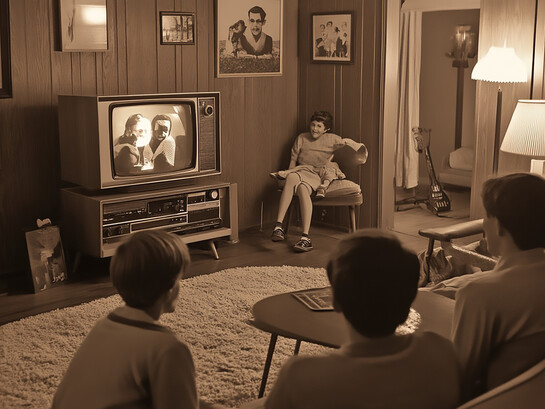A family gathered around an old TV, capturing the nostalgic spirit of the 1990s