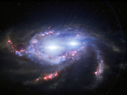 Representación de dos cuásares en el centro de dos galaxias que se funden 
