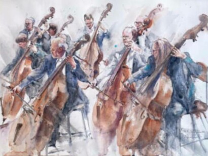 Roberto Andreoli, File di contrabbassi, acquerello