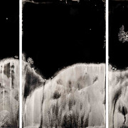 Michael Koerner,  Hibakusha Landscape #0416L, #0408C, #0412R, 2021. Collodion on tin, 12 by 8 inches each. Courtesy of Lisa Sette Gallery