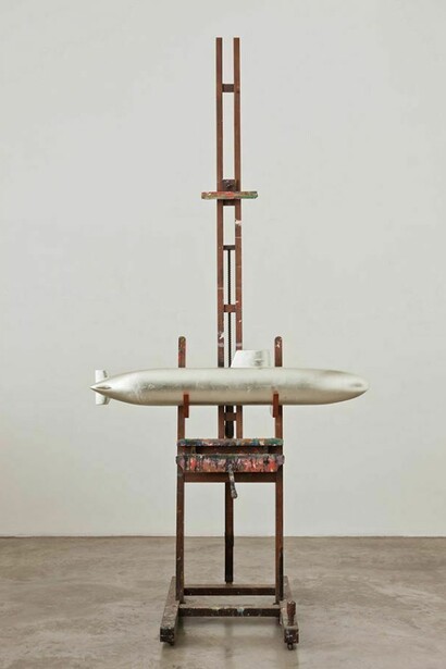 Dorothy Cross, Shark Heart Submarine, 2011, 19th century oak painters easel, model submarine, laminated wood, oil-gilded in white gold shark’s heart in glass jar with alcohol, Dimensions variable, Courtesy of the Artist and Kerlin Gallery, Dublin