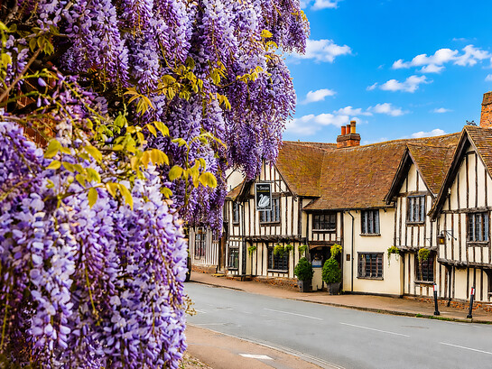 Exterior view of The Swan at Lavenham Hotel & Spa in the medieval village of Lavenham, Suffolk, England