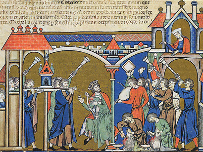 Illustration from the 13th-century Morgan Bible of David bringing the Ark into Jerusalem