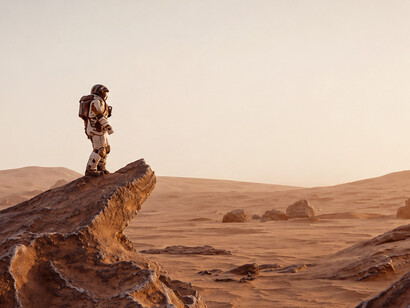 An astronaut exploring the surface of Mars, the Red Planet