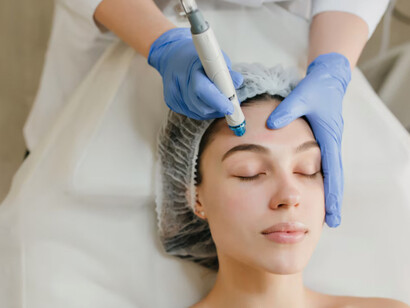 A serene face under clinical hands—where modern beauty standards are kept through esthetic procedures 