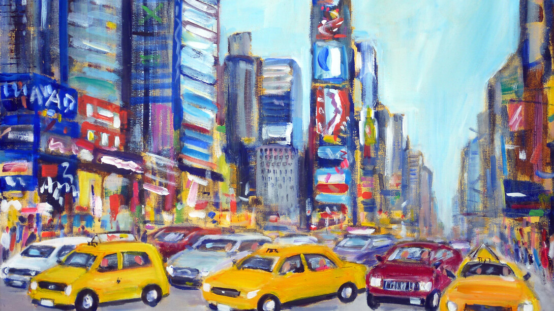 Josephine Chisholm, Time Square Taxis, acrylic on canvas, 51 x 76 cm