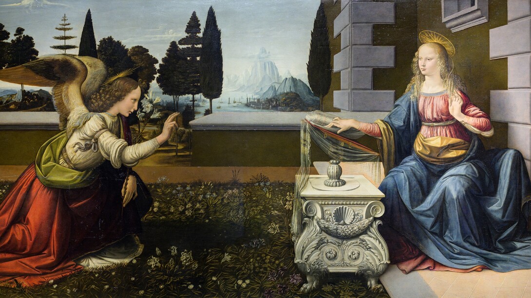 Leonardo da Vinci, Annunciazione, 1472-75. Galleria degli Uffizi, Firenze, Italia