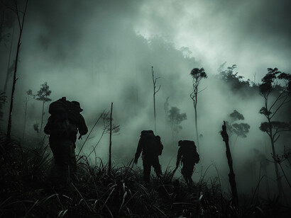 Similar to these stacks of pages, rows upon rows of soldiers marched through the dense, hazy Indochina jungle—a visible cost of the complex corporate and military strategies Ramparts investigated