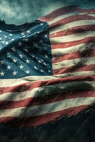 A frayed American flag hangs in quiet testimony to a nation grappling with democratic strain