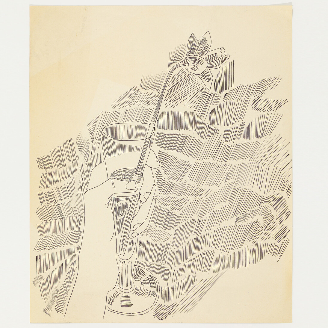 Andy Warhol, Hand With Flower, c. 1955, Black ballpoint on manilla paper, 16 3/4 x 14 inches (paper) (42.5 x 35.6 cm). © The Andy Warhol Foundation for the Visual Arts, Inc. Courtesy Anton Kern Gallery, New York