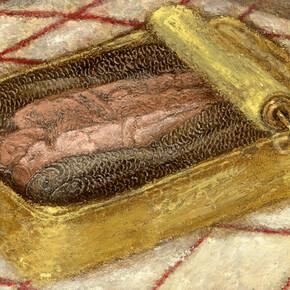 Plum Cloutman, Sardines, 2023, pastel, watercolor pencil and oil on paper, mounted on board, 5x7 inches, copyright the artist. Courtesy the artist and M+B Art, LA