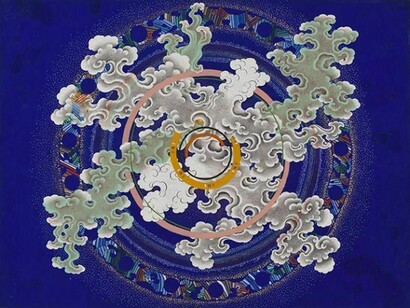 Pema Rinzin, Wheel of Time and Space (5), 2014, Ground mineral pigments, gold, on wood, 18 x 24 inches. Images courtesy of Joshua Liner Gallery