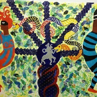 Miriam Schapiro, "Adam and Eve," 1990, Silk Screen and Collage, 44 ¼ x 30 ¼ inches