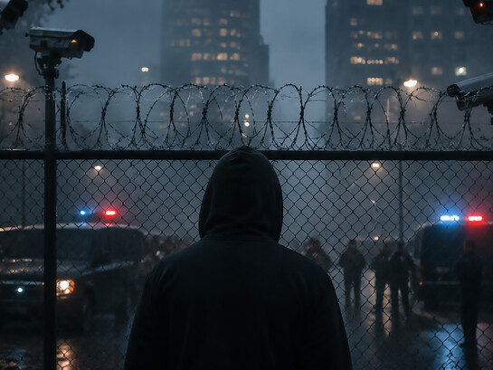 A solitary figure stands before a surveilled city, where security and control blur the boundaries of freedom
