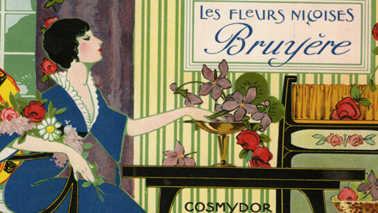 Les fleurs niçoises Bruyère,1930-40, Pubblicità profumeria Cosmydor, Parigi, Etichetta per scatola di saponi profumati


