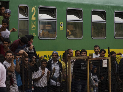 Syrian refugees protest on the platform of Budapest Keleti Railway Station during the refugee crisis in Budapest, Hungary, Central Europe, 4 September 2015