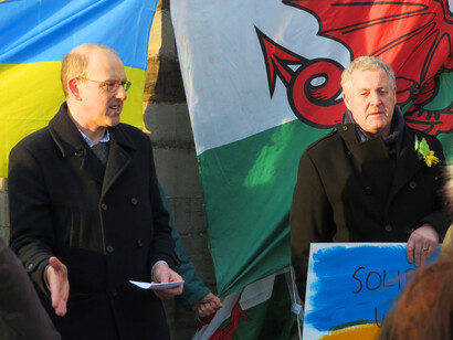 Many people gathered to protest against the war in Ukraine. This protest happened in Wales