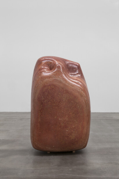 Alma Allen, Not Yet Titled, 2014, Red travertine, 59 x 38 x 29 inches. Courtesy of the artist and Blum & Poe
