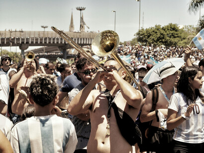A man playing the trombone during the World Cup celebrations in Buenos Aires, Argentina