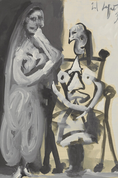 Picasso, Pablo, Femme debout et femme assise, 1939, gouache, pinceau and black ink on squared paper, 26.9 x 21 cm, Courtesy Galerie Boulakia