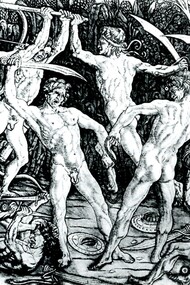 Antonio Pollaiolo, "La battaglia dei nudi" (1465-1470 ca), bulino. Prima opera nella storia dell'incisione ad essere firmata dall'artista che l'ha disegnata.