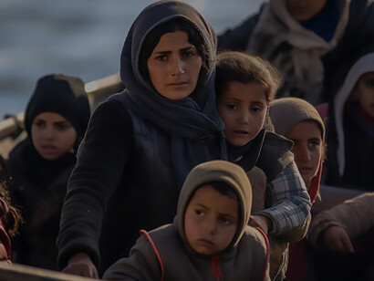 Amidst a migration crisis, a woman and children brave the challenges on a crowded boat, surrounded by a sea of people all seeking safety and a better future