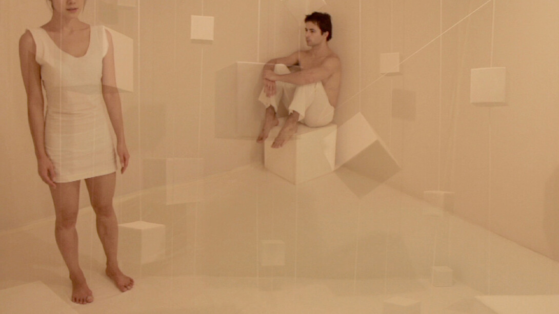 Bongsu Park, CUBE, 2011, twin screen HD video - Cube performance (left), Cube room (right)3'00'', Editions of 3, 2 AP