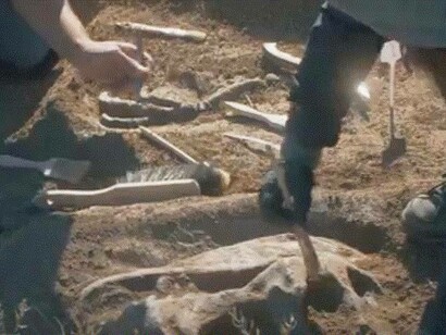 Archeologici che ripuliscono un fossile presso un sito archeologico