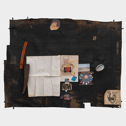 Y. Malik Jalal,
Untitled, 2023.
Painting with collage elements,
48 x 60 inches. Courtesy of the artist and March Gallery