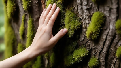 A hand gently touching moss in a natural setting, symbolizing efforts in deforestation prevention