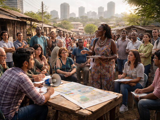 A community-led meeting in an urban neighborhood, where citizens, activists, and local stakeholders come together to discuss development priorities, reflecting the growing role of civil society in shaping sustainable change