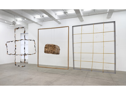 Luciano Fabro, Cristo, Buddha, Zarathustra (Gioielli), (Christ, Buddha, Zarathustra (Jewels)), 1981, Metal, lacquered iron, wood, copper, bronze leafs, aluminium, lead, Cristo: 98 7/16 x 84 5/8 x 15 3/4 in. (250 x 215 x 40 cm); 26 elements: diameter: 17 11/16 x 5 1/2 in. (45 x 14 cm) (each), Buddha: 98 7/16 x 84 5/8 in. (250 x 215 cm); 39 3/8 x 19 11/16 x 19 11/16 in. (100 x 50 x 50 cm), Zarathustra: 39 1/3 x 106 1/3 in. (100 x 270 cm), No. 16758