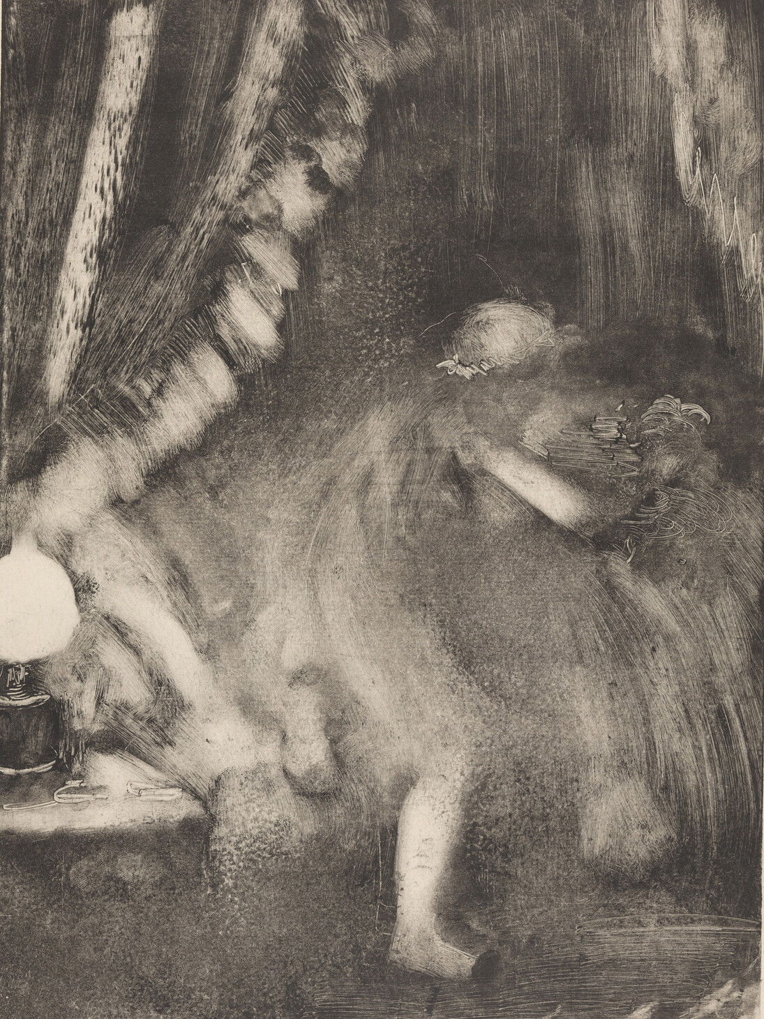 Hilaire‑Germain‑Edgar Degas (French, 1834–1917). Bedtime (Le Coucher), c. 1880 85. Monotype on paper. Plate: 14 7/8 × 10 7/8″ (37.8 × 27.7 cm). Nasjonalmuseet for kunst, arkitektur og design / The National Museum of Art, Architecture and Design.