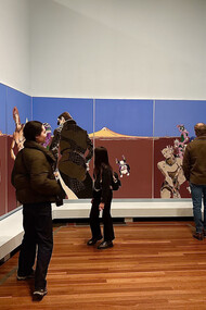 Installation view from the “Art of Manga” exhibition at the de Young Museum in San Francisco, featuring works from Hirohiko Araki’s JoJo’s Bizarre Adventure series. The exhibition showcases hundreds of original drawings and large-scale installations by major Japanese manga artists from the 1970s to the present, including Eiichiro Oda (One Piece), Junji Ito, and Tite Kubo (Bleach). Araki’s featured artwork includes life-sized characters and their Stands, designed to align with viewers’ eye levels for an immersive experience, highlighting manga as a recognized art form in a museum setting. Photo: © İdil Burkutoğlu