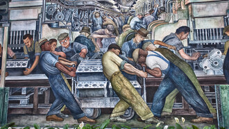 North wall (detail), Diego Rivera, Detroit Industry murals, 1932-33, twenty-seven fresco panels at the Detroit Institute of Arts, USA