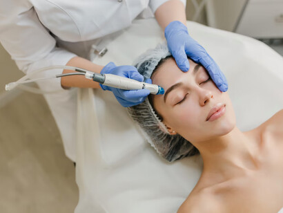 A women at a beauty clinic looking forward to a more flawless skin