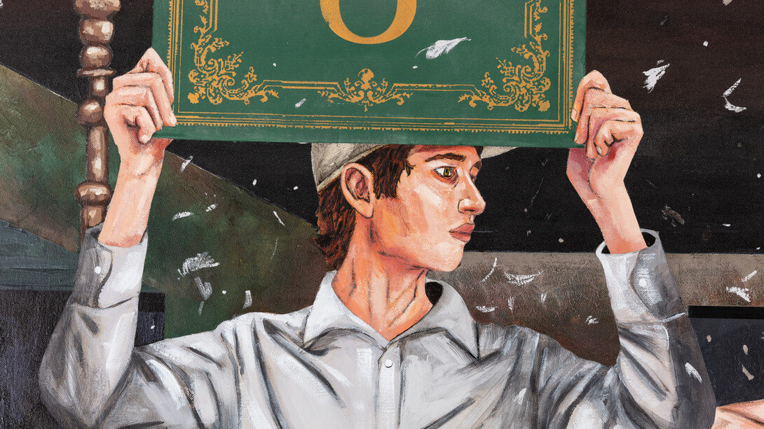 Hernan Bas, Conceptual artist #16 (Performance based; the founder and reigning champion of a weekly pillow fight tournament) (detail), 2023, acrylic on linen, 84x96 inches. Courtesy the artist and Lehmann Maupin, New York, Hong Kong, Seoul, and London