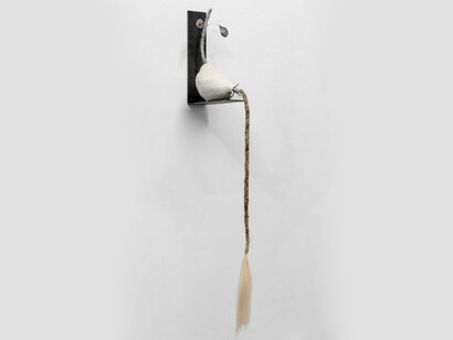 Estefania Puerta, Implant, 2023, porcelain, plaster pulp, volcano rocks from El Nevado del Ruiz, crushed glass, plants, horse hair, 25x11x7 inches. Courtesy the artist and Micki Meng, NYC